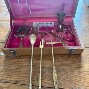 Vintage Ornate 9-Piece Brass Bar Set from Thailand Original Wood Storage Box
